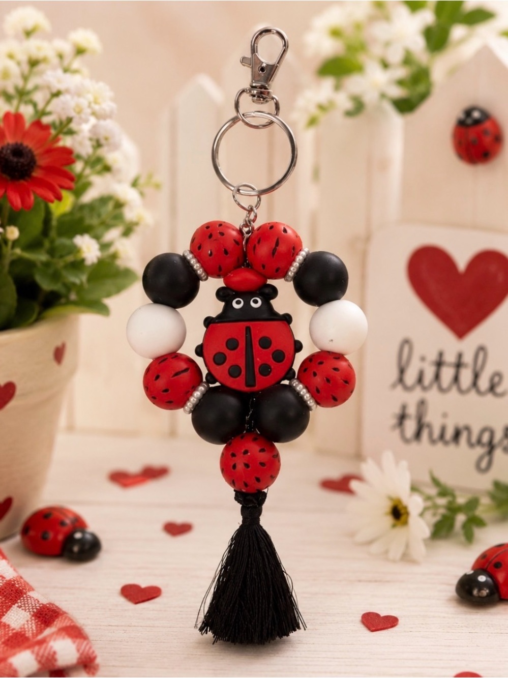 Handmade Ladybug Beaded Keychain with Tassel - Red, Black & White